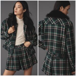 Anthropologie Maeve Plaid Crop Faux Fur Collar Coat Size XL Pockets New